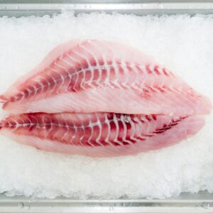 Top view of fresh fish fillets placed on a bed of ice, emphasizing freshness.