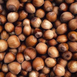 A close-up shot of numerous hazelnuts showcasing their natural texture and rich colors.